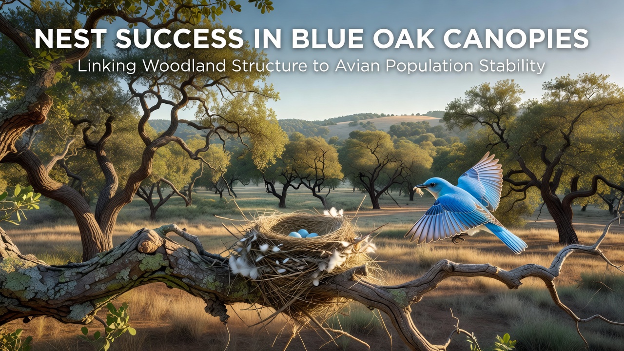 Researcher monitoring avian nests within a blue oak canopy structure