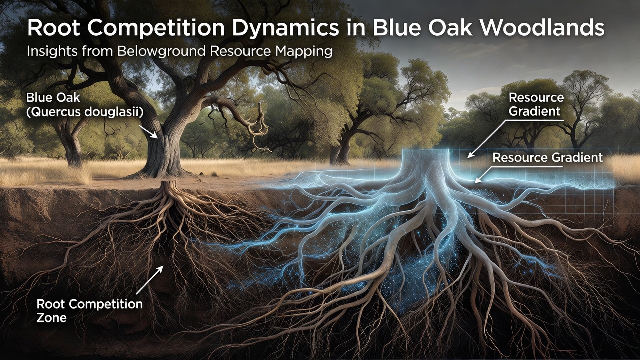Close-up of soil trench revealing intertwined blue oak root systems and resource mapping equipment in a woodland plot